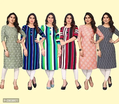 Stylish Multicoloured Crepe Printed Straight Kurti For Women Combo Pack Of 6-thumb0