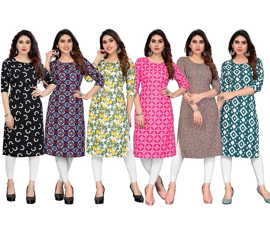 Stylish Crepe Printed Straight Kurta - Pack of 6