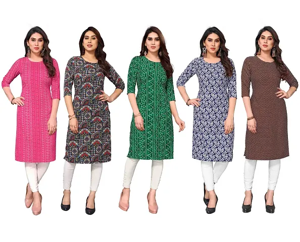 Stylish Printed Crepe Straight Kurti Combo of 5