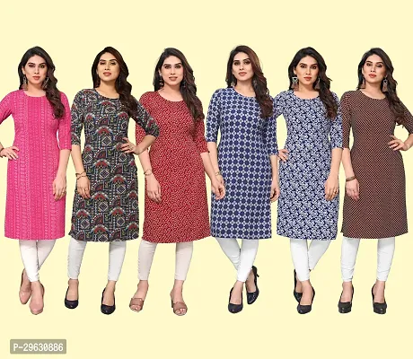 Stylish Multicoloured Crepe Printed Straight Kurti For Women Combo Pack Of 6-thumb0