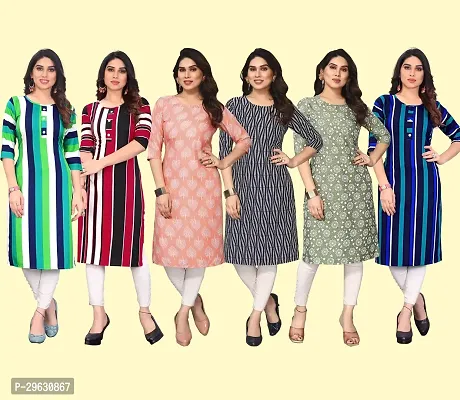 Stylish Multicoloured Crepe Printed Straight Kurti For Women Combo Pack Of 6-thumb0