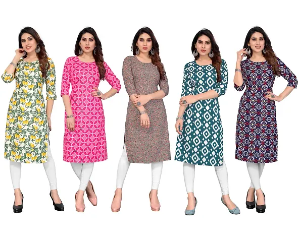 Women Crepe Straight Kurti Combo of 5