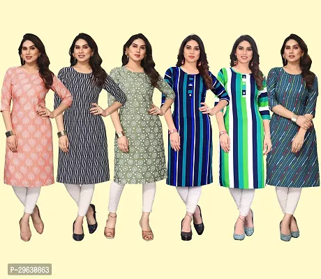 Stylish Multicoloured Crepe Printed Straight Kurti For Women Combo Pack Of 6