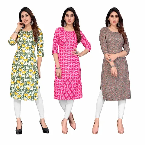 Stylish Crepe Printed Straight Kurti - Pack of 3