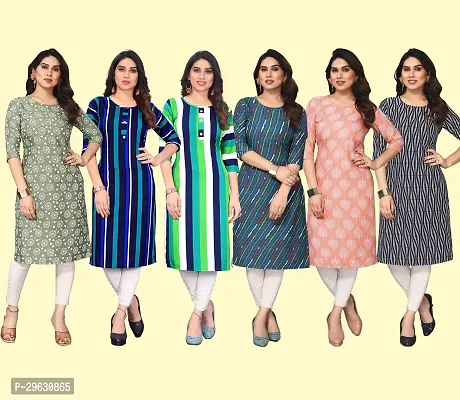 Stylish Multicoloured Crepe Printed Straight Kurti For Women Combo Pack Of 6-thumb0