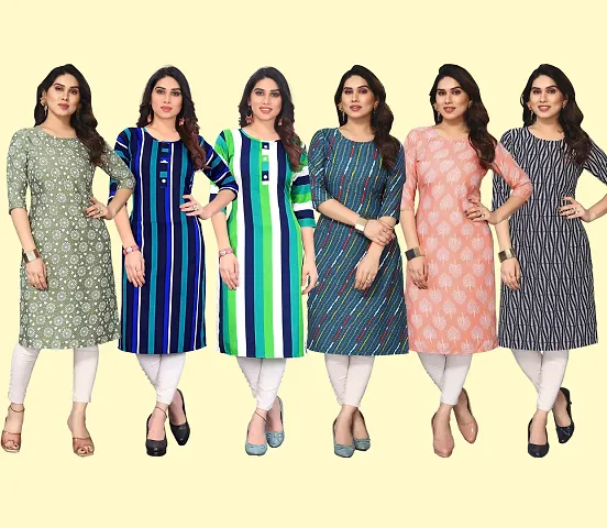 Majestic Multicoloured Crepe Printed Straight Kurti For Women Combo Pack Of 6