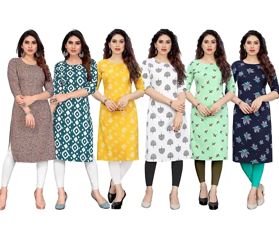 Stylish Crepe Printed Straight Kurta - Pack of 6