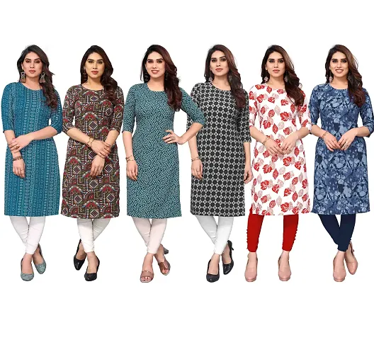 Stylish Crepe Printed Straight Kurta - Pack of 6