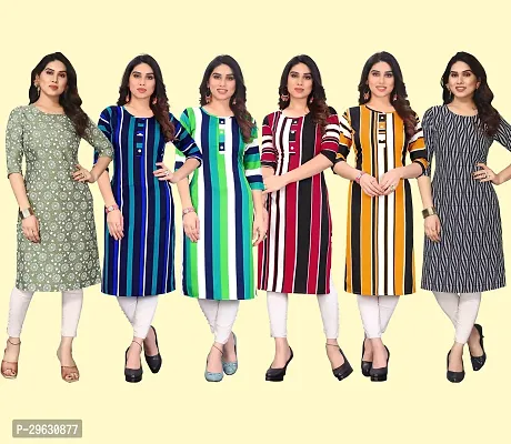 Stylish Multicoloured Crepe Printed Straight Kurti For Women Combo Pack Of 6