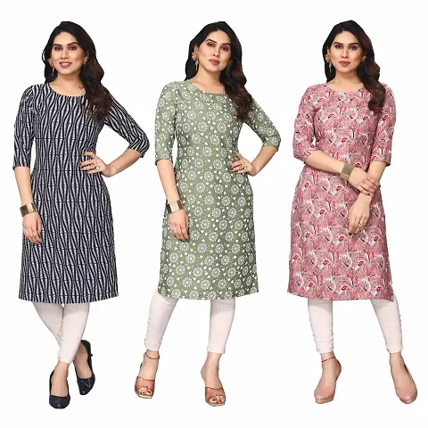 Stylish Crepe Printed Straight Kurti - Pack of 3