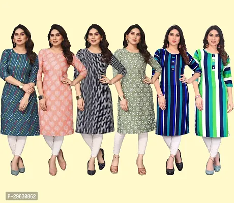 Stylish Multicoloured Crepe Printed Straight Kurti For Women Combo Pack Of 6-thumb0