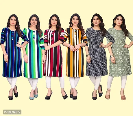 Stylish Multicoloured Crepe Printed Straight Kurti For Women Combo Pack Of 6