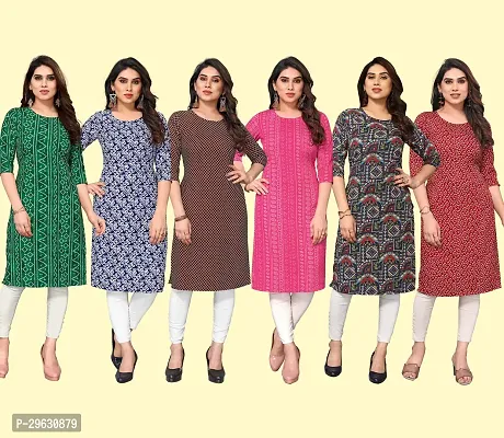 Stylish Multicoloured Crepe Printed Straight Kurti For Women Combo Pack Of 6-thumb0