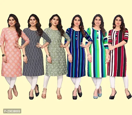 Stylish Multicoloured Crepe Printed Straight Kurti For Women Combo Pack Of 6-thumb0