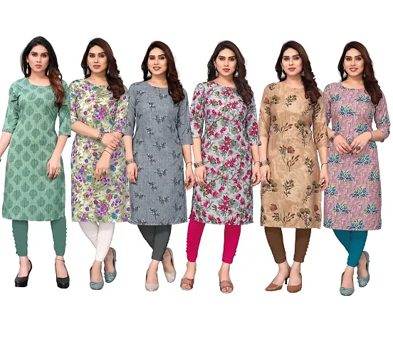 Stylish Crepe Printed Straight Kurta - Pack of 6