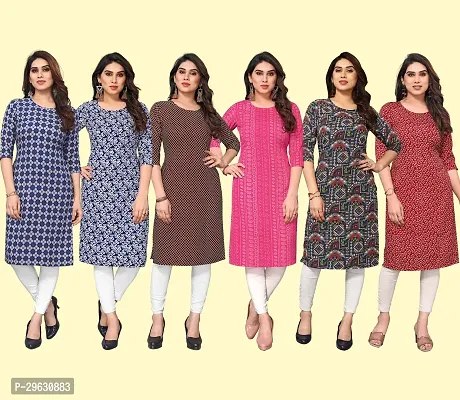 Stylish Multicoloured Crepe Printed Straight Kurti For Women Combo Pack Of 6