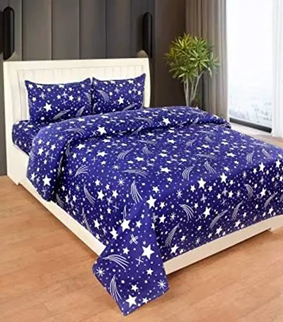 Cotton Villas 3D Blue Star Printed Bedsheet for Double Bed with 2 Pillow Cover Microfiber and Cotton Mix Color White (88 X 88 inch )