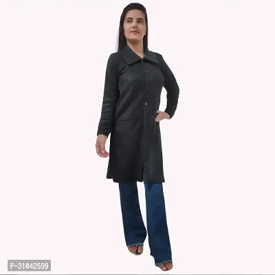 Trendy Black Woolen Solid Long Coat for Women-thumb0