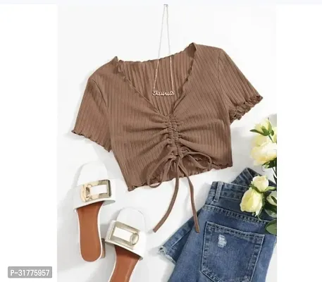 Stylish Brown Cotton Solid Crop Length For Women-thumb0