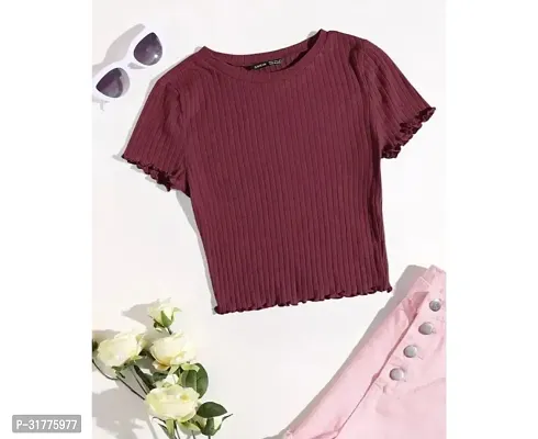 Stylish Maroon Cotton Solid Crop Length For Women-thumb0