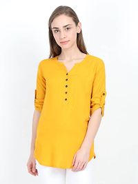 Women's Yellow Solid Cotton Regular Length Top-thumb1