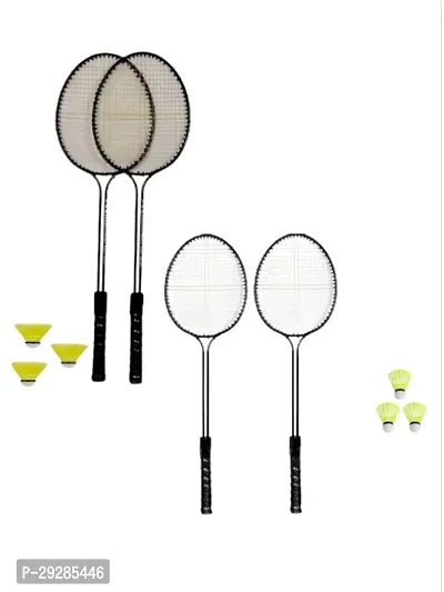 Double Shaft Badminton Racket Set of 4 Piece with 6 Piece Nylon Shuttles Black Blue Strung Badminton Racquet Pack of 1.75 g-thumb0