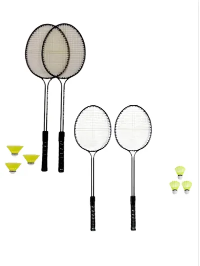 Double Shaft Badminton Racket Set of 4 Piece with 6 Piece Nylon Shuttles Black Blue Strung Badminton Racquet Pack of 1.75 g