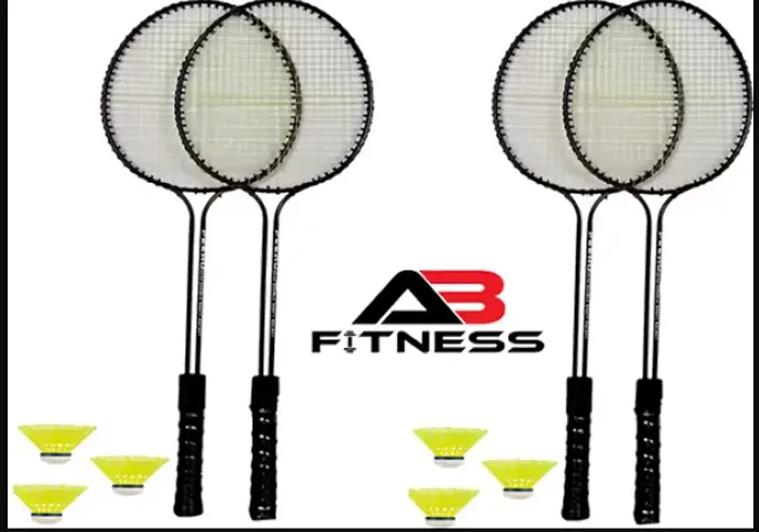 Double Shaft Badminton Racket Set of 4 Piece with 6 Piece Nylon Shuttles Black Blue Strung Badminton Racquet Pack of 1.75 g
