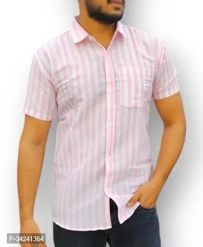 Stylish Pink Cotton Striped Short Sleeves Casual Shirt For Men-thumb0