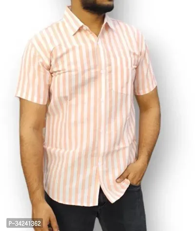 Stylish Peach Cotton Striped Short Sleeves Casual Shirt For Men-thumb0