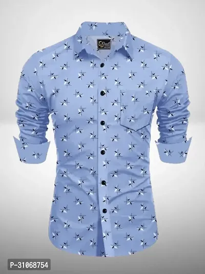 Elegant Turquoise Cotton Printed Long Sleeves Casual Shirts For Men-thumb0