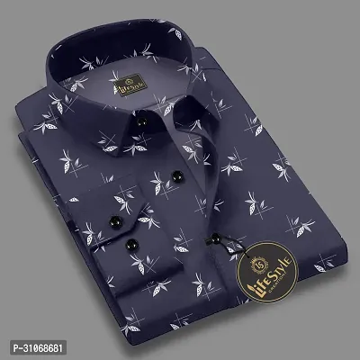 Elegant Navy Blue Cotton Printed Long Sleeves Casual Shirts For Men