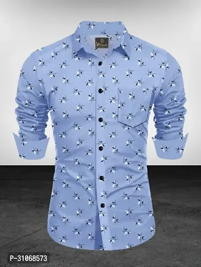 Elegant Turquoise Cotton Printed Long Sleeves Casual Shirts For Men-thumb0