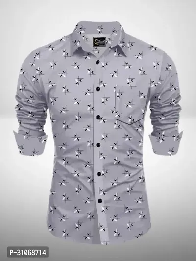 Elegant Grey Cotton Printed Long Sleeves Casual Shirts For Men-thumb0