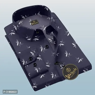 Elegant Navy Blue Cotton Printed Long Sleeves Casual Shirts For Men-thumb0