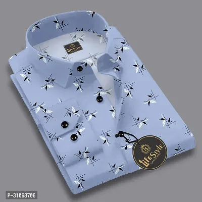 Elegant Turquoise Cotton Printed Long Sleeves Casual Shirts For Men