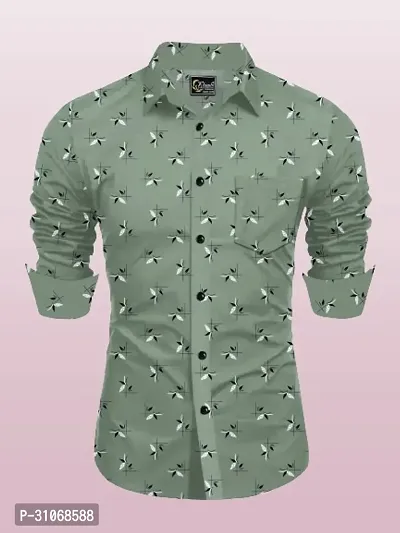 Elegant Green Cotton Printed Long Sleeves Casual Shirts For Men-thumb0