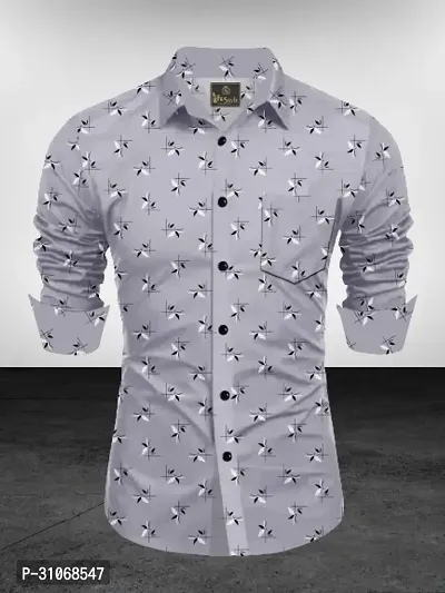 Elegant Grey Cotton Printed Long Sleeves Casual Shirts For Men-thumb0