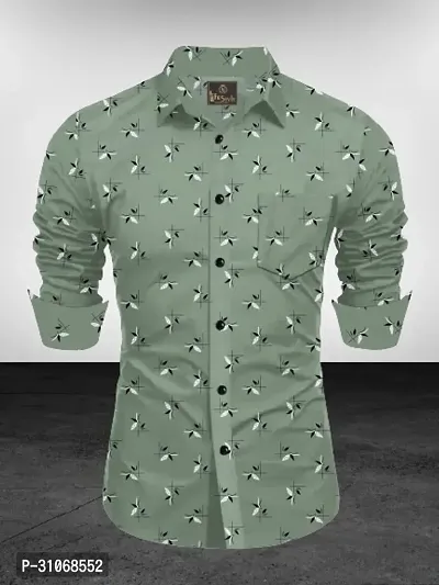 Elegant Green Cotton Printed Long Sleeves Casual Shirts For Men-thumb0