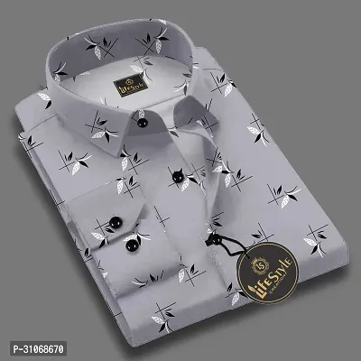 Elegant Grey Cotton Printed Long Sleeves Casual Shirts For Men-thumb0