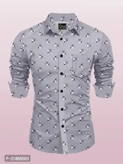 Elegant Grey Cotton Printed Long Sleeves Casual Shirts For Men-thumb0