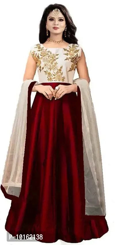 Visena Fab Women's Taffeta Silk Semi-Stitched 6 yards Anarkali Gown (Maroon), Free Size-thumb0