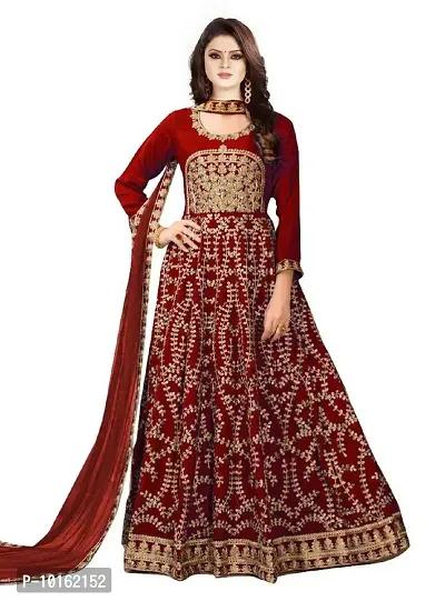 visena Fab Women's Taffeta Silk Semi Stitched Anarkali Gown(Maroon)