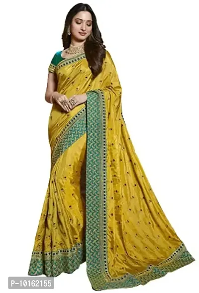 Visena fab Yellow Women's Silk Embroidery Work Saree with Blouse Piece