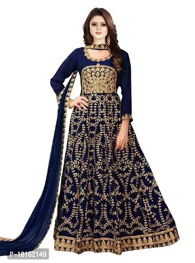 Visena Fab Women's Taffeta Silk Semi Stitched Anarkali Gown (Blue)-thumb0