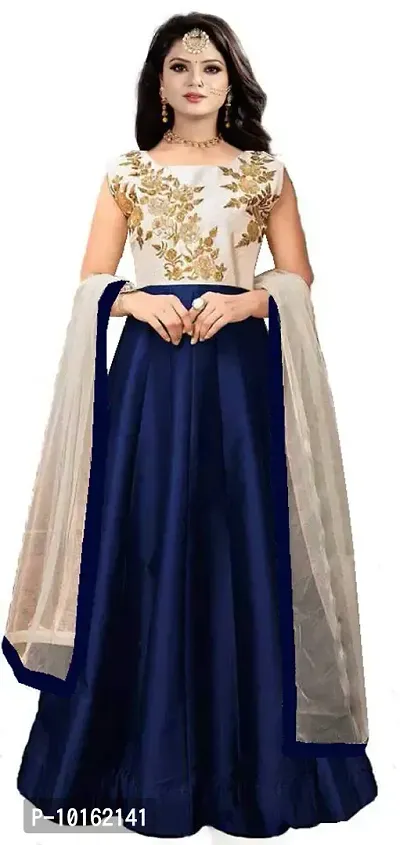 visena Fab Women's Taffeta Silk Semi Stitched Anarkali Gown(Blue)-thumb0