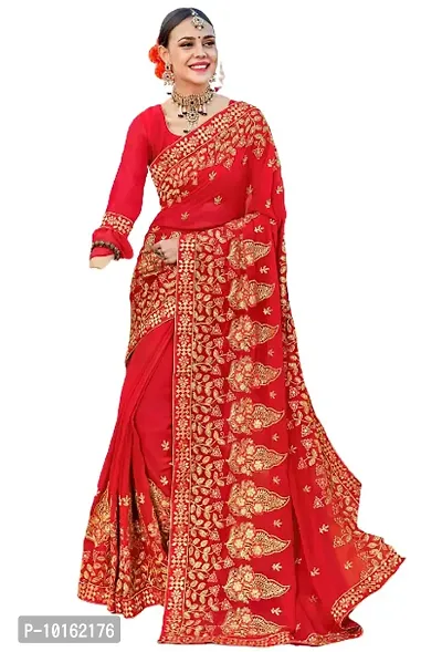 Visena fab Red Women's Silk Embroidery Work Saree with Blouse Piece