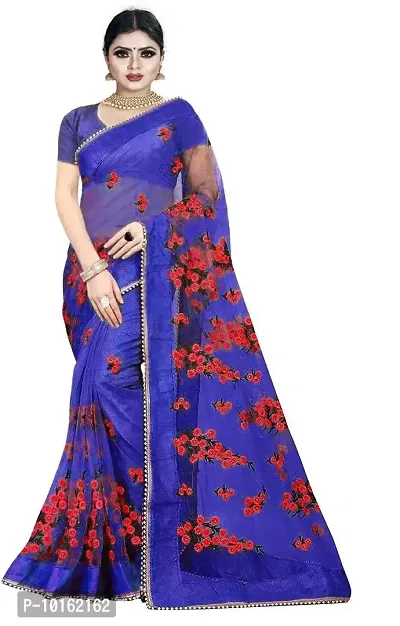 Visena fab Women's Net saree (Blue)-thumb0