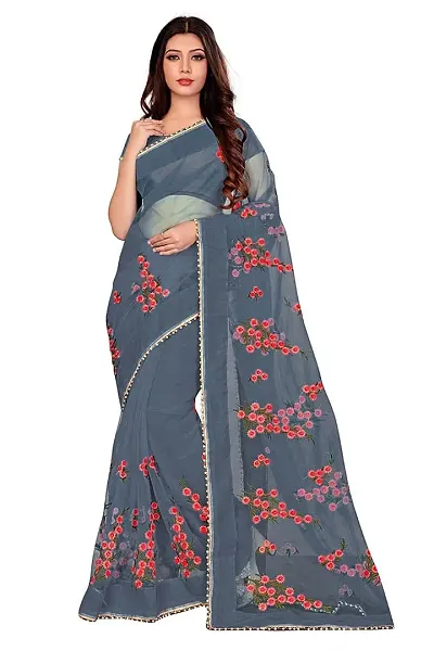 Monrav Women's Jaal Net Saree (19-8_Dark Blue)