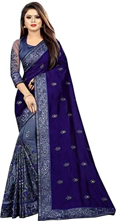 Visena Fab Women's Net saree (Blue)